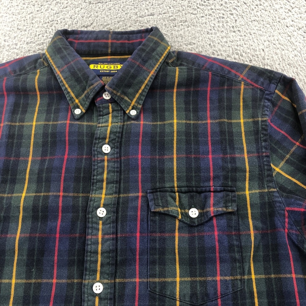 Ralph Lauren Rugby Shirt Mens Large Green Flannel Plaid Long Sleeve Button down